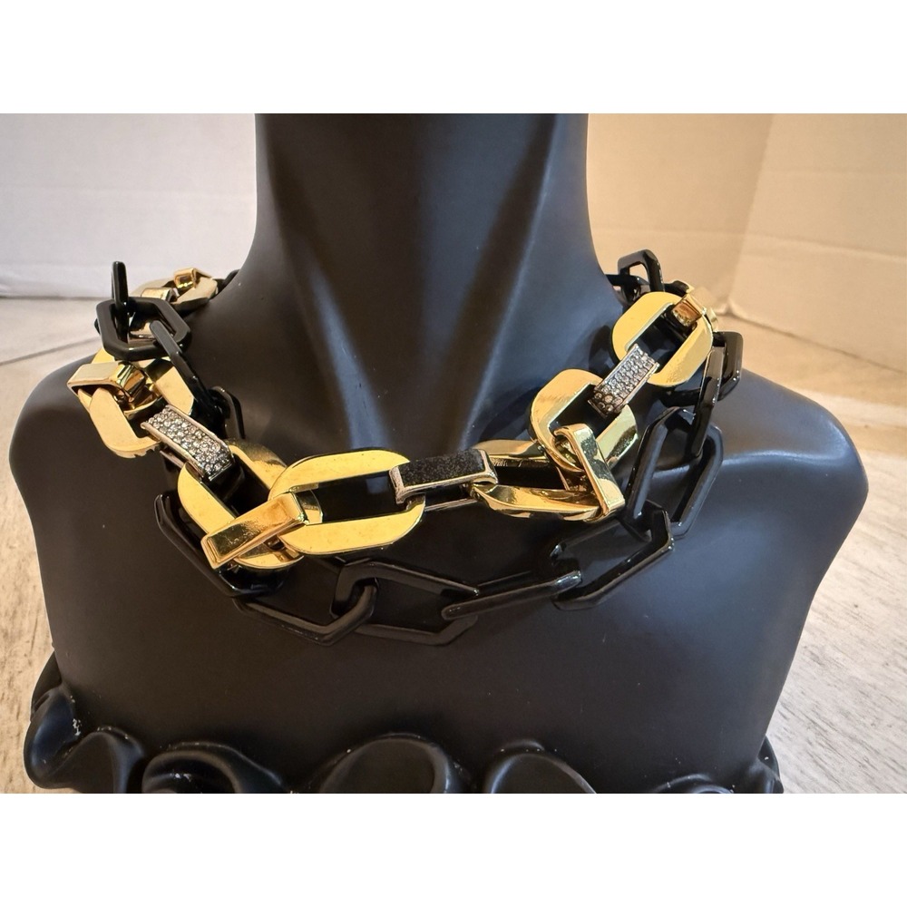 Henri Bendel Interlocking Black Gold Link Pavé Crystal Statement Necklace